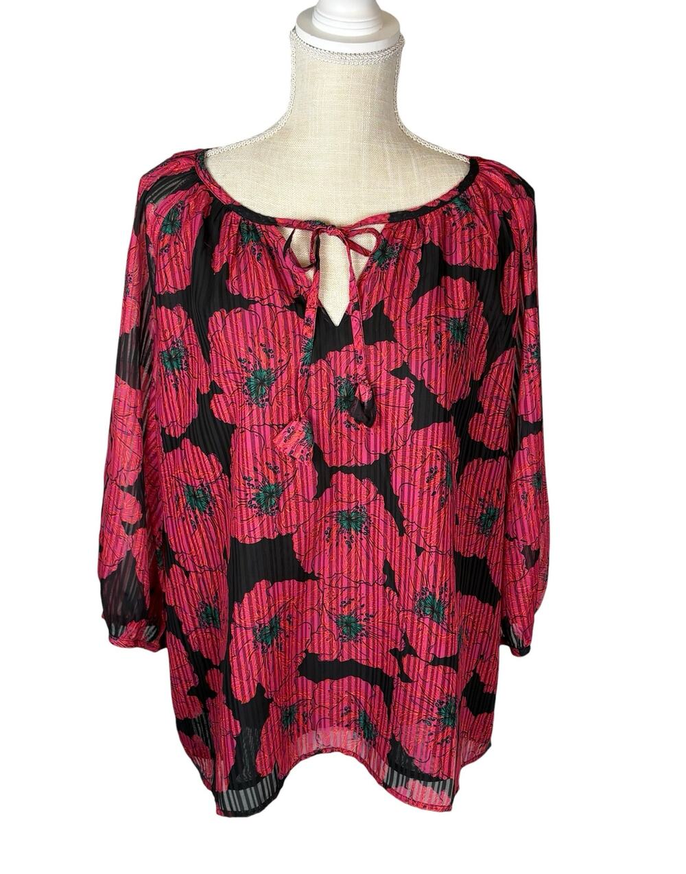 NWT Jade Melody Tam Semi-sheer Floral Blouse Women's XL 3/4 Sleeves Pink Black
